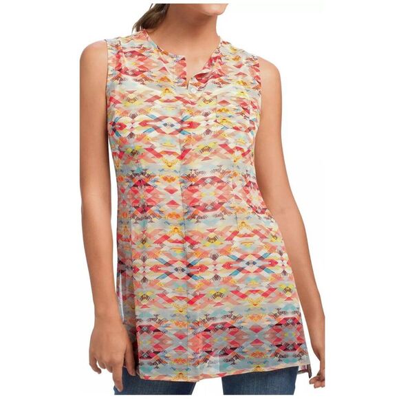 CAbi Avery Aztec Geo Print Chiffon Sheer Button Front Tunic Blouse Muti-color M - Picture 1 of 9